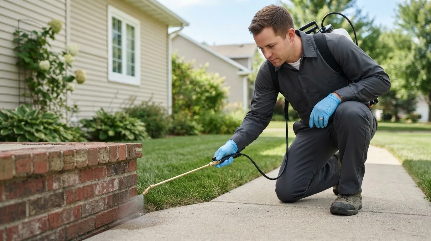 Pest control technician treating a home near Nickerson, KS